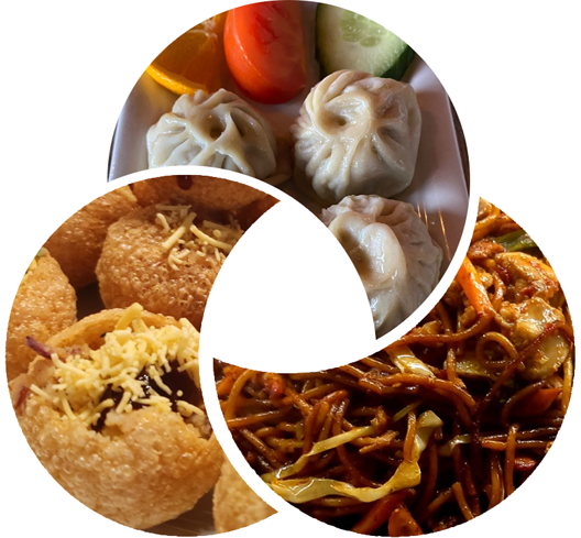 Combo van momos, pani puri en chow mein.